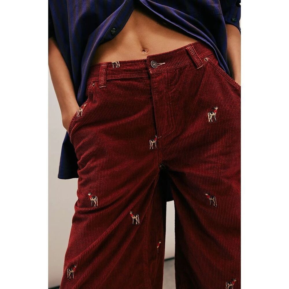 Free People We The Free Clifton Cord Wide-Leg Jeans Embroidered Size 30 NEW